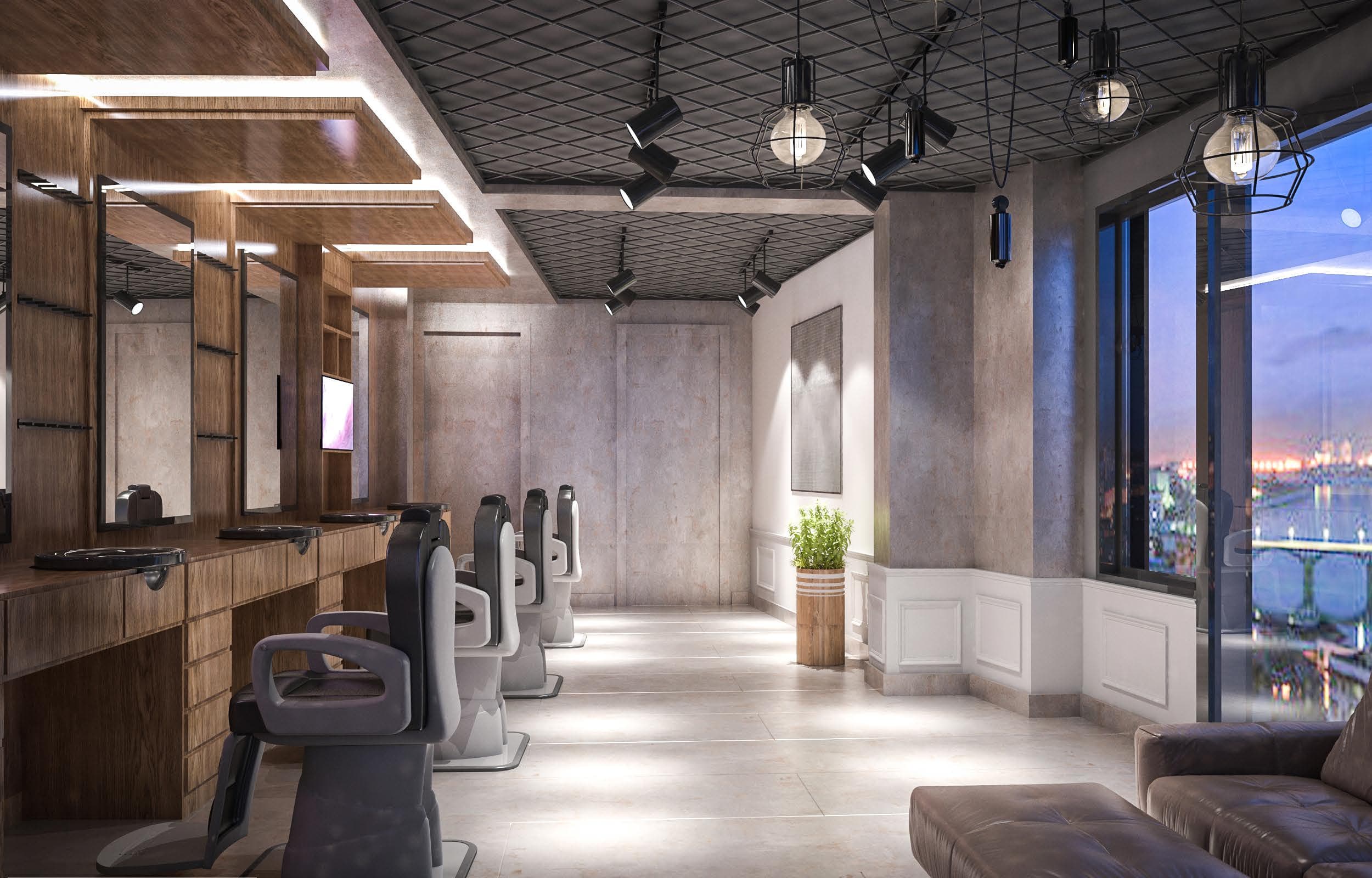 Design visual of a barber shop with a row of timber styling stations, a ceiling grid with pendant lights and a window overlooking the river