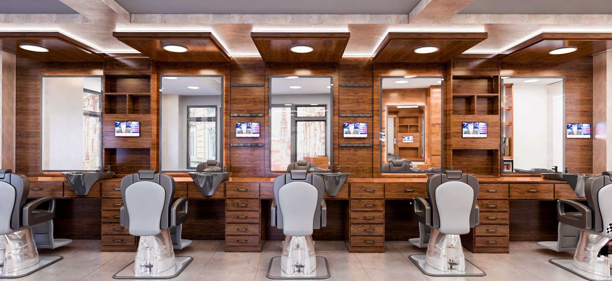 Design visual of barber shop stations with timber mirror units and grey barber chairs