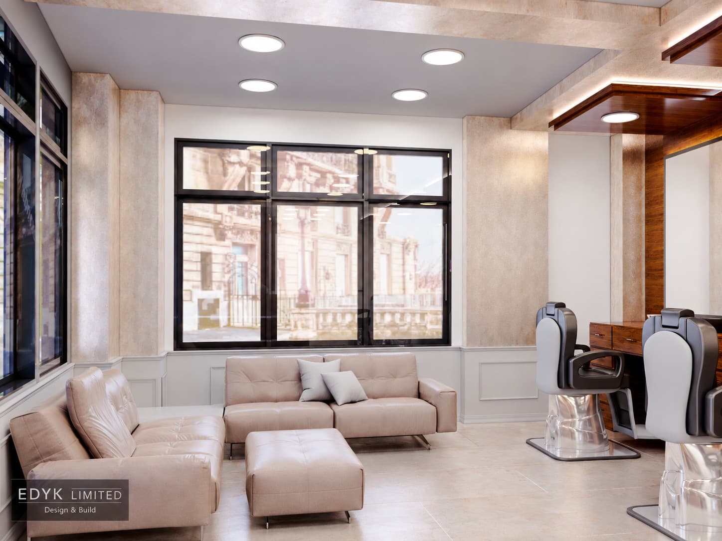 Design visual of the barber shop waiting area with leather sofas and an ottoman by a large window, and barber chairs at the right