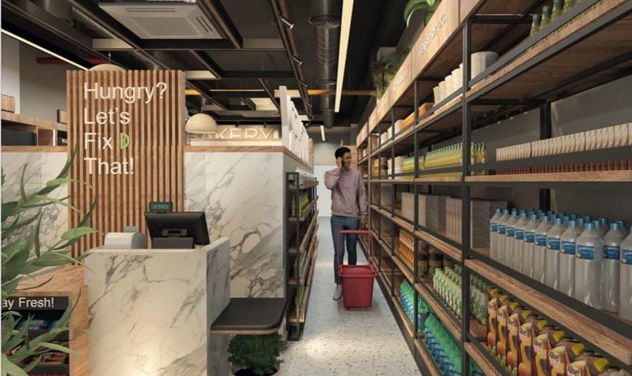 Design visual of a mini market aisle with timber and black steel shelving, a marble-effect checkout counter and a shopper at the far end
