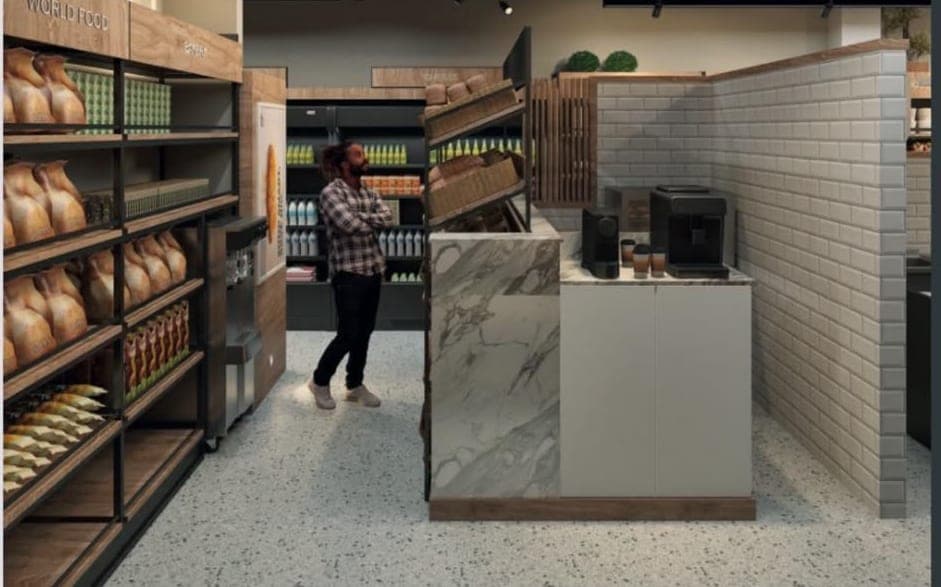 Design visual of the mini market checkout counter with a marble-effect front, bakery shelving to the left and a shopper at the till
