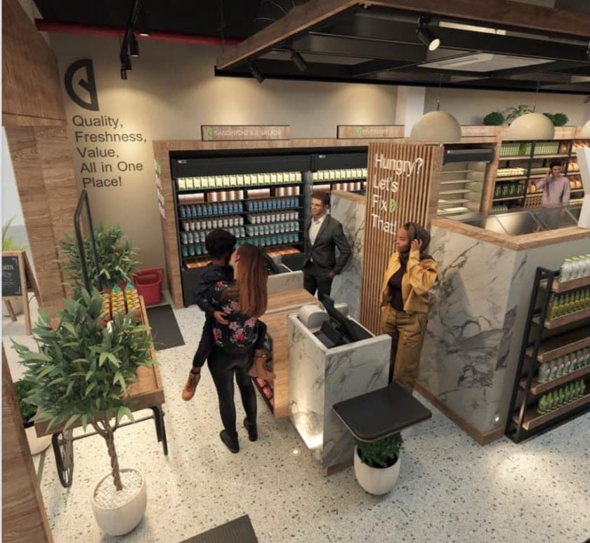 Design visual looking into the mini market from above, with potted plants, a timber-clad column and shoppers at the checkout