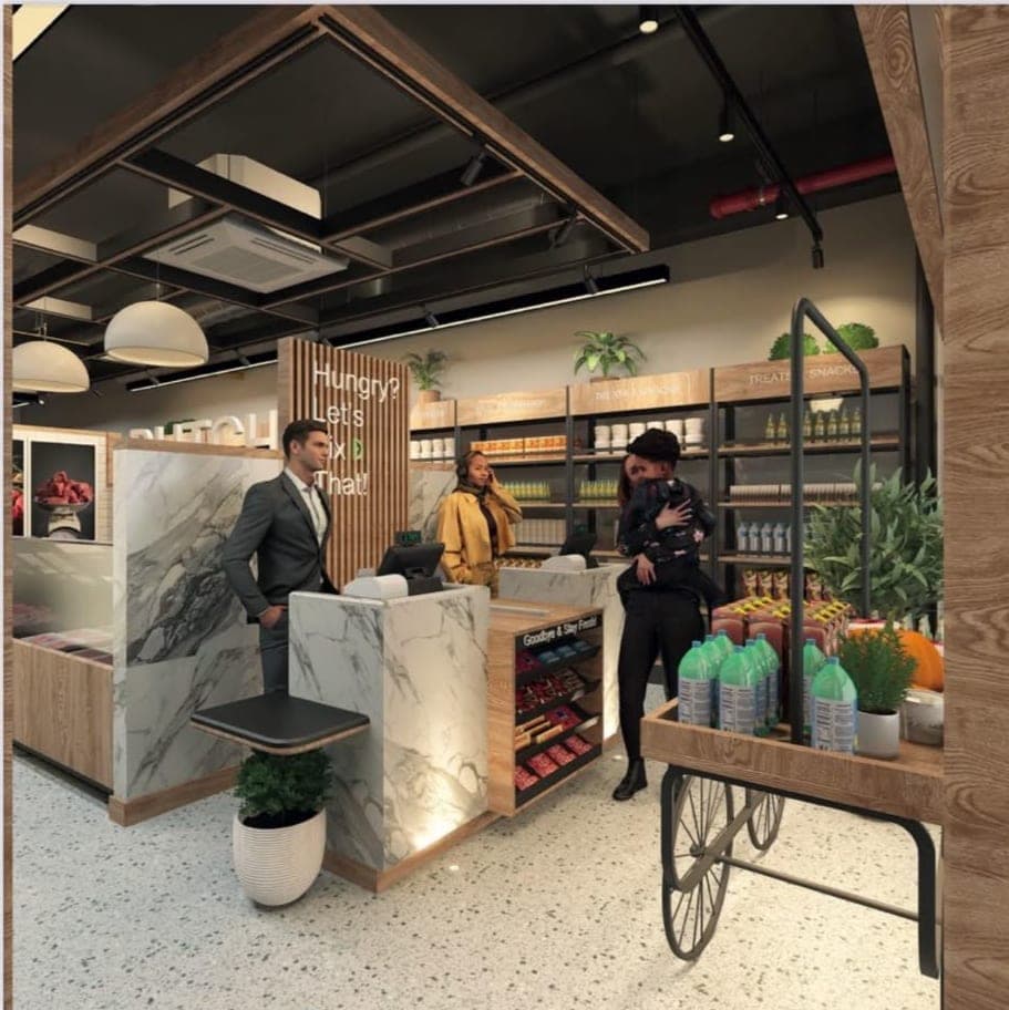 Design visual of the mini market checkout and fresh produce display, with a ceiling frame, pendant lights and staff at the counter