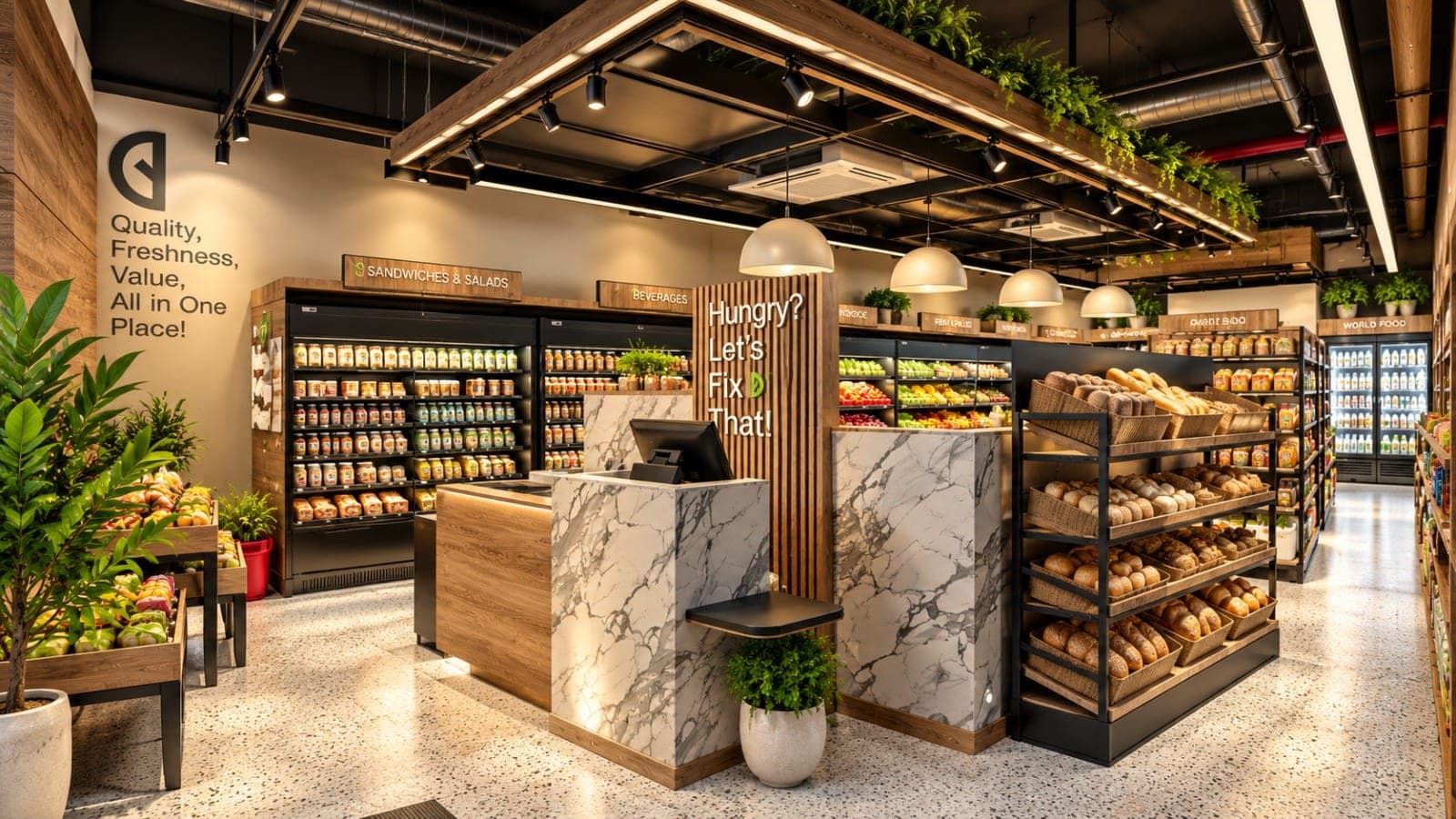 Design visual of the mini market interior with a marble-effect checkout, bread racks on black steel shelving and a timber-framed ceiling with planting