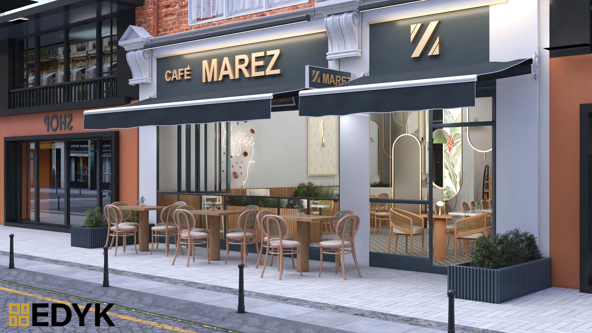 Design visual of the Cafe Marez shopfront from an angle, with the awning and outdoor seating in front and the cafe interior visible through the glazing