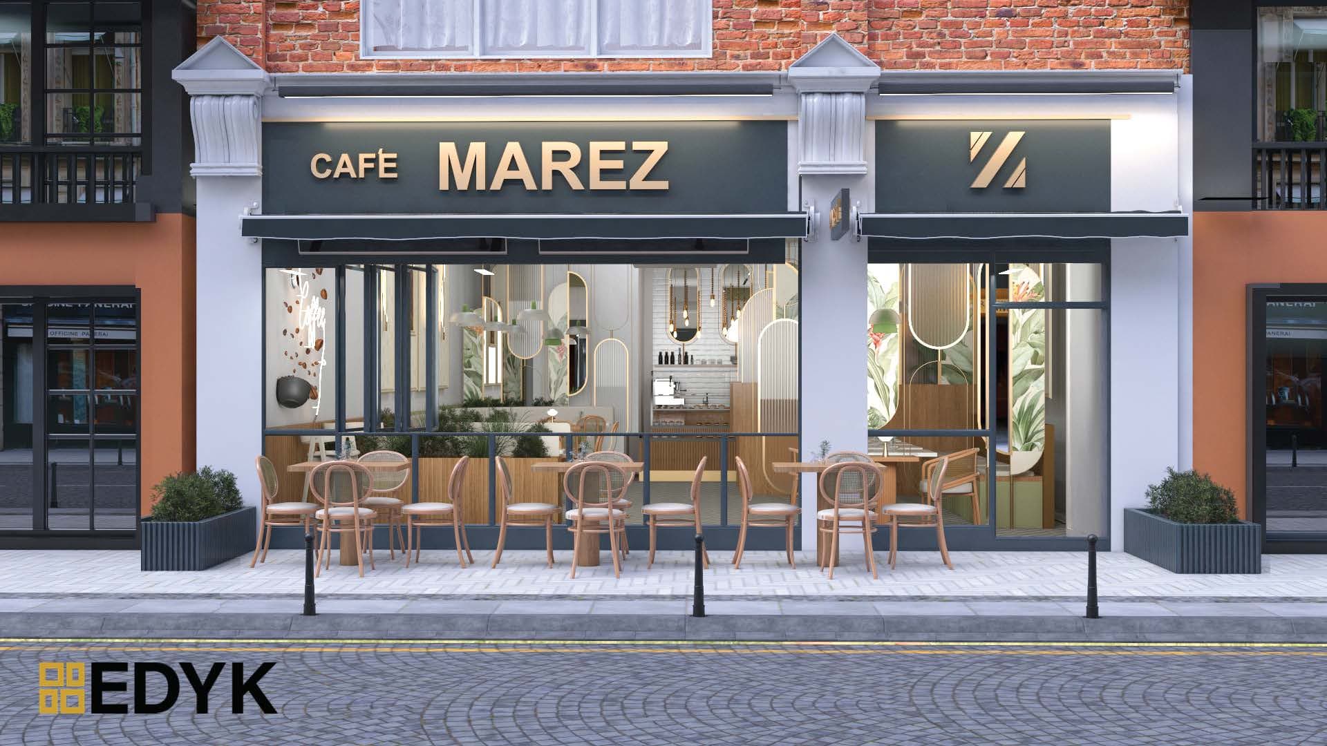 Design visual of the Cafe Marez shopfront with a dark grey fascia, awning and outdoor seating