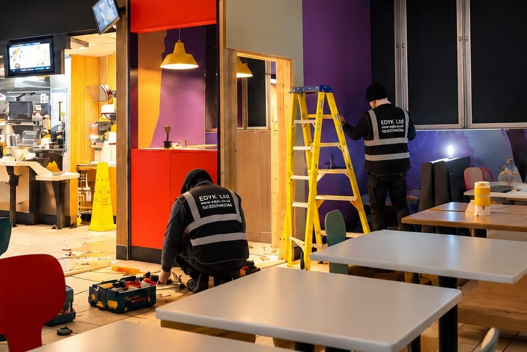 Two EDYK team members building a new counter and partition in a restaurant dining area, with a stepladder and tool box on the floor