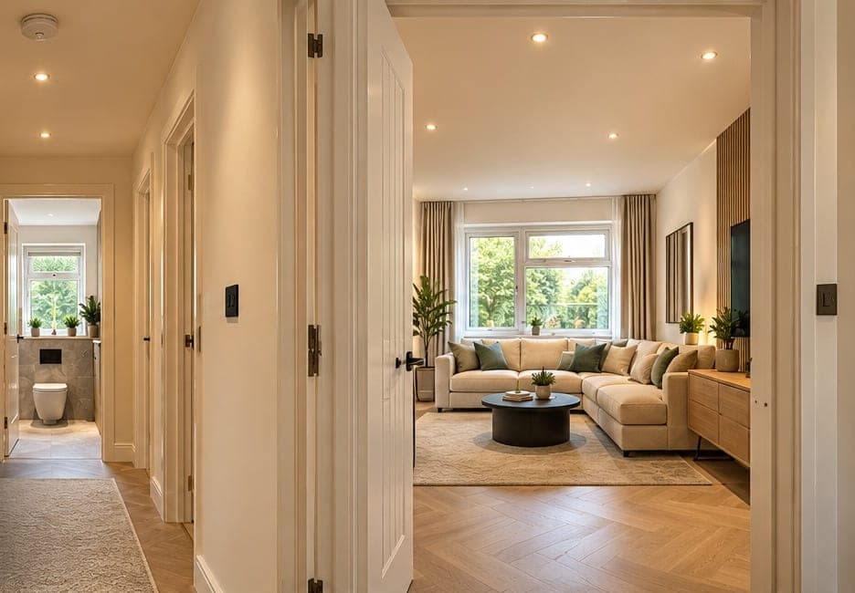 Design visual of a flat hallway with a bathroom at the end, and an open door onto a living room with a corner sofa