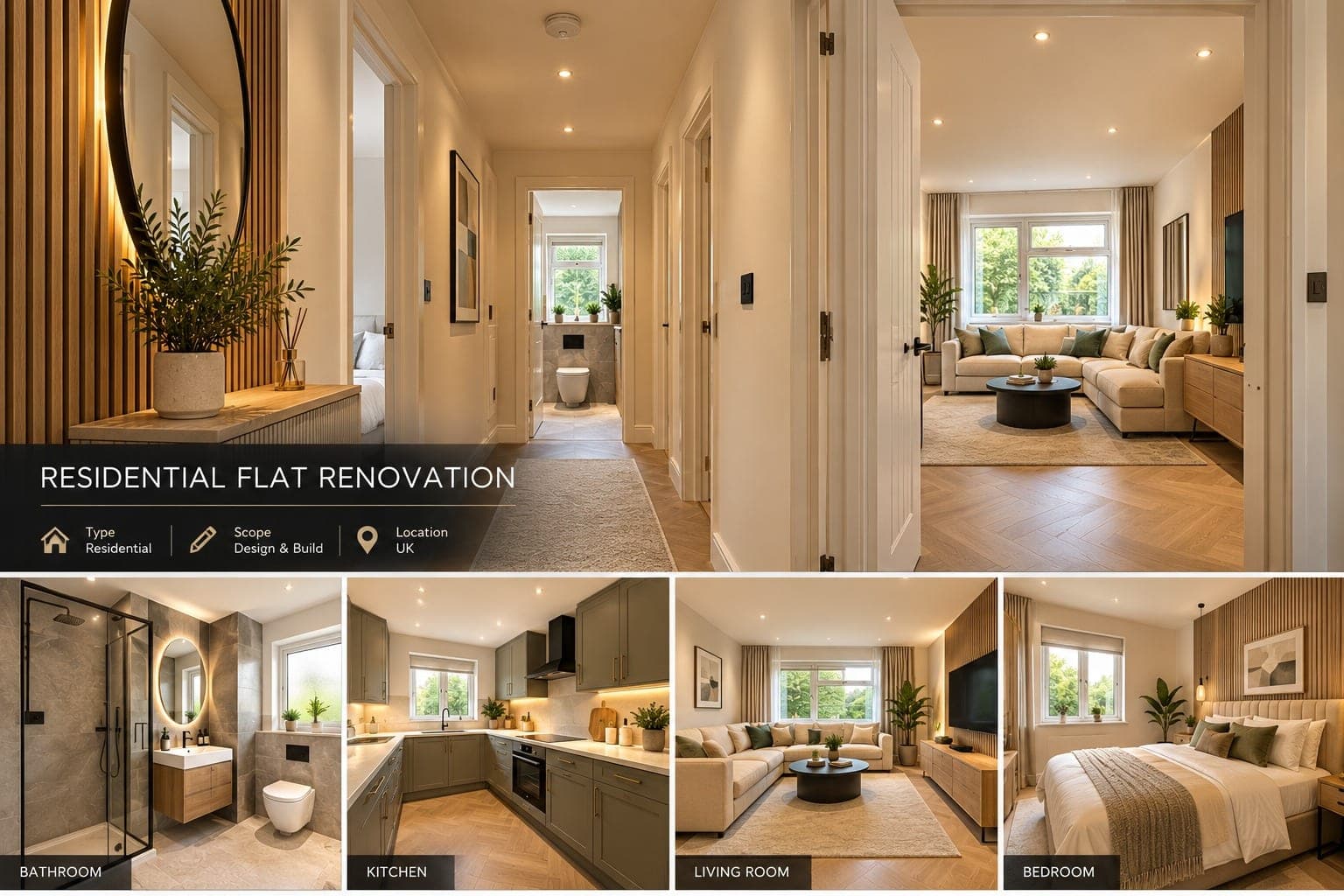 Design visual board for a flat renovation: hallway and living room views, with a bathroom, kitchen, living room and bedroom