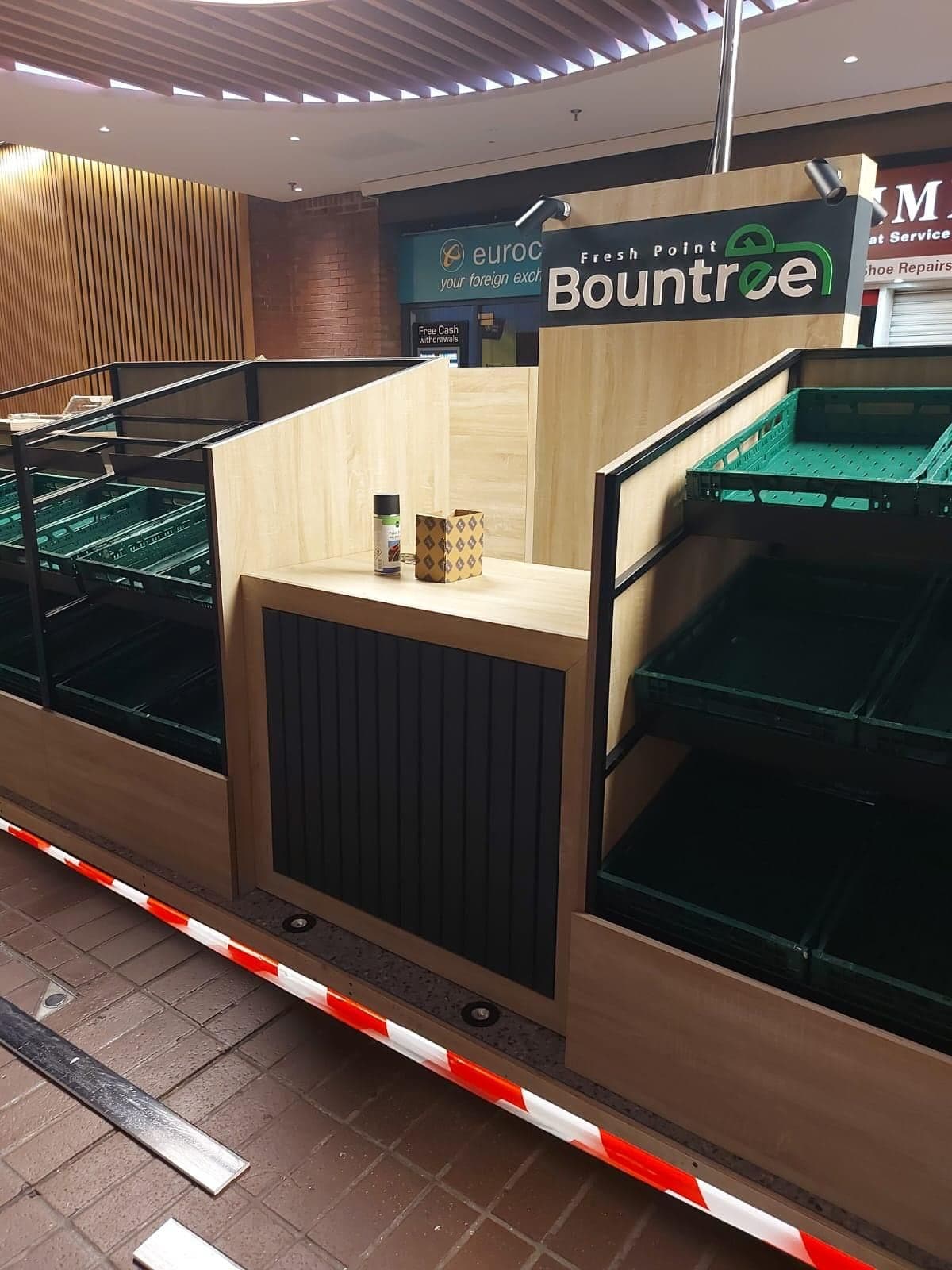 The Freshpoint unit shell with the Bountree sign and green crates fitted, before stocking
