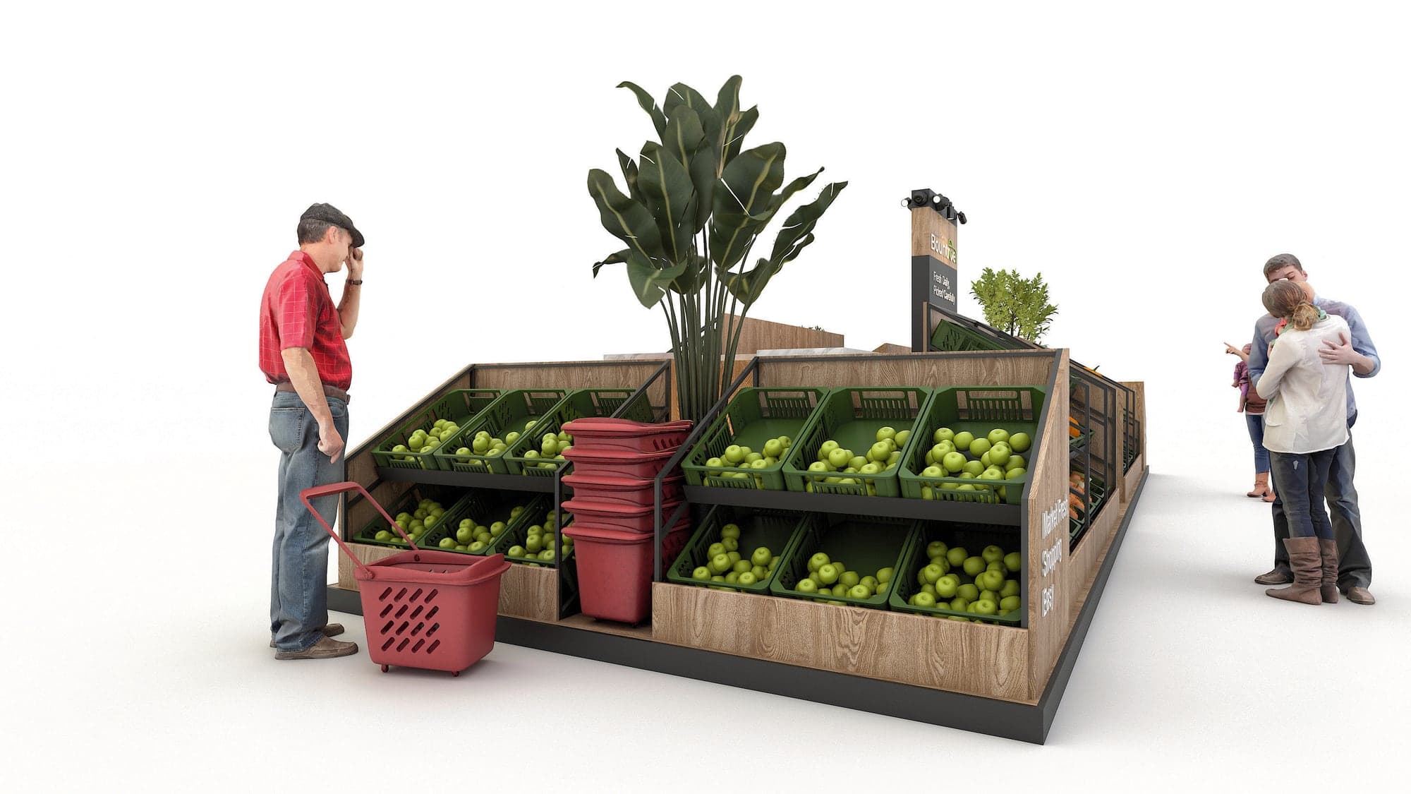 Design visual of a corner of the Freshpoint island unit with apples, a tall plant and stacked baskets