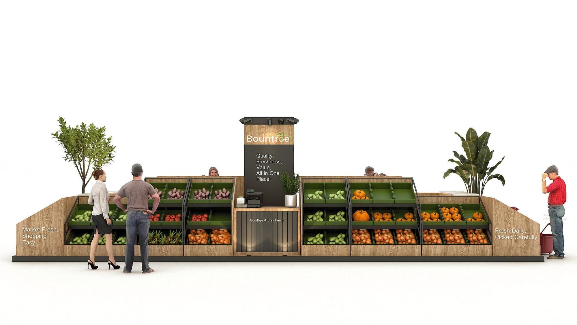 Design visual of the Freshpoint island unit from the front, with produce crates, a central sign and shoppers