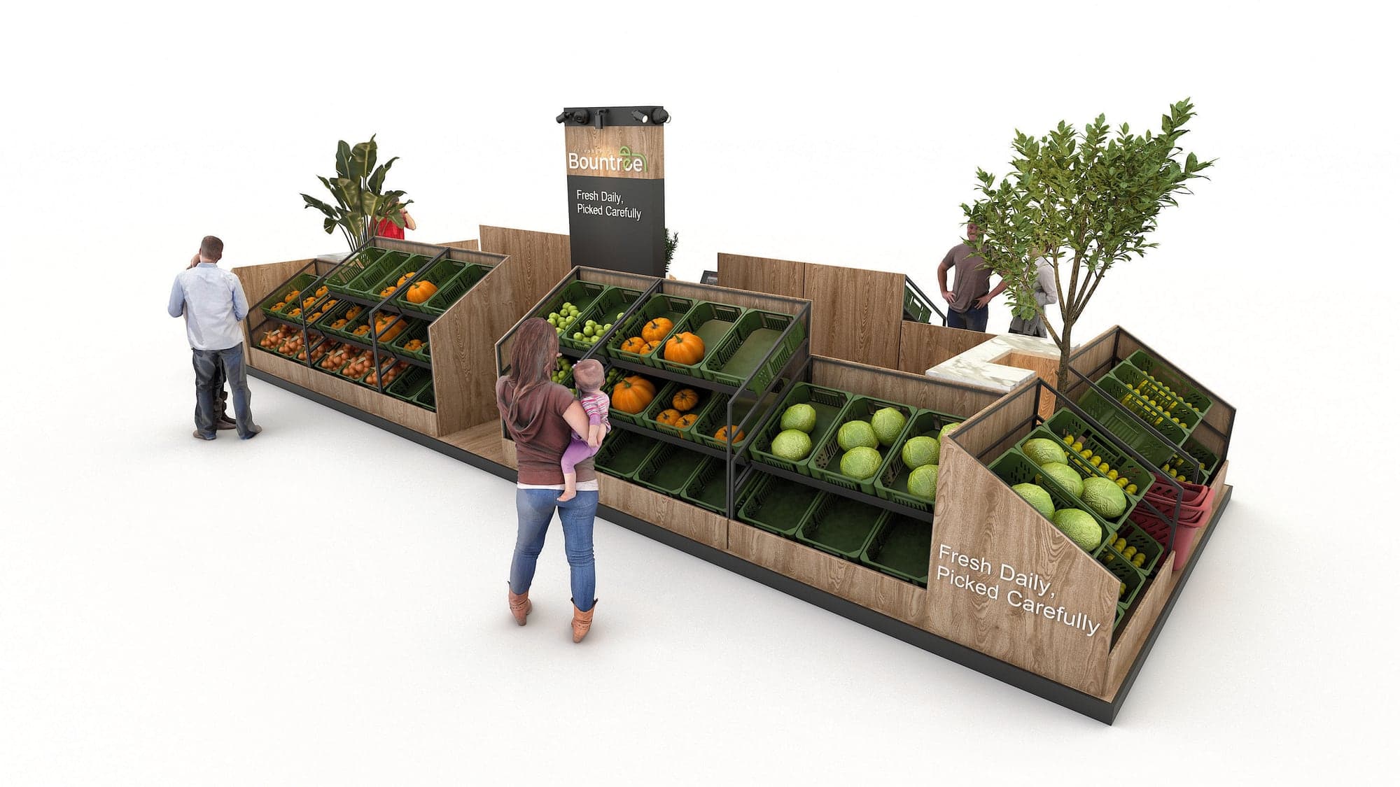 Design visual looking across the Freshpoint island unit, with the sign rising above the produce shelving
