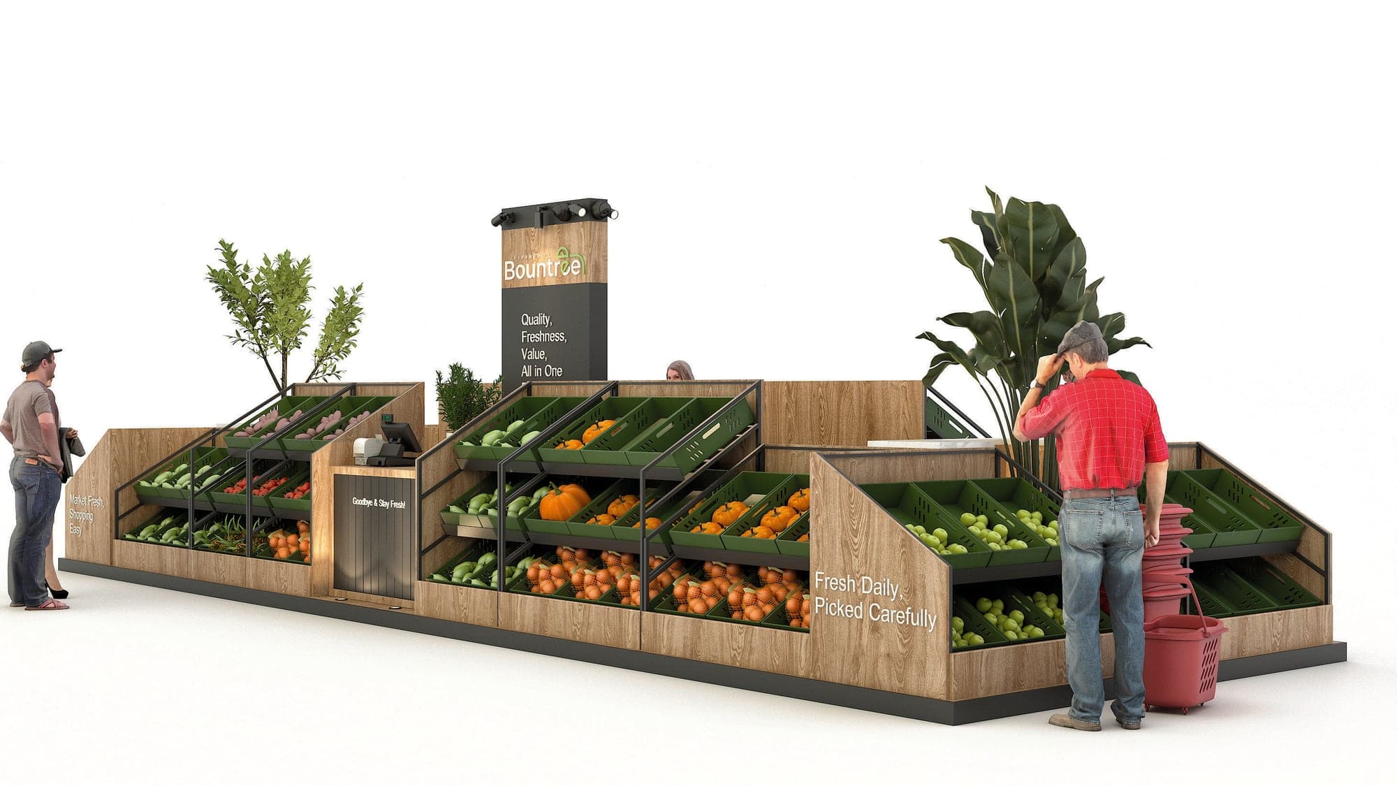 Design visual of the Freshpoint island unit from the side, with tiered produce shelving and timber panelling