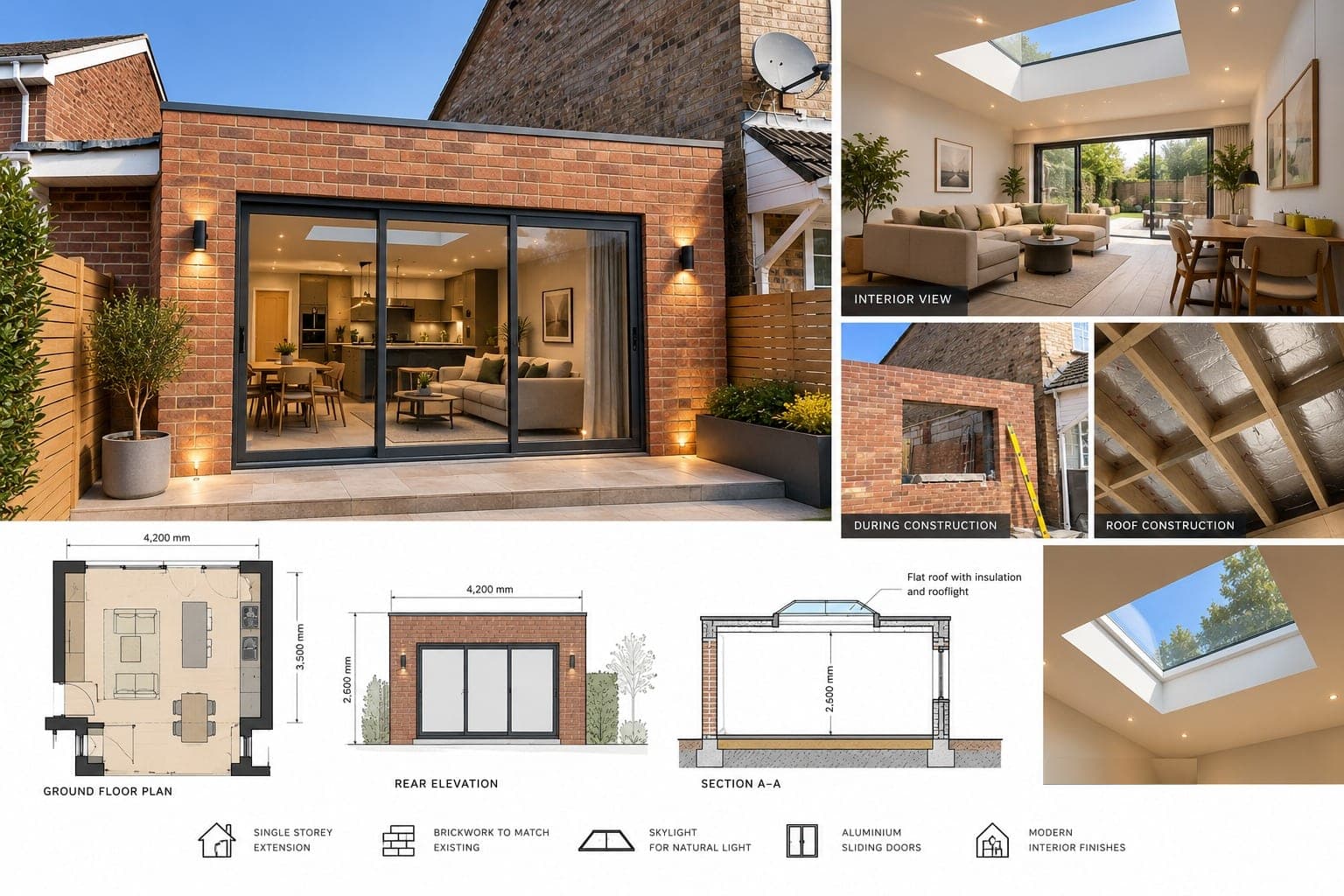 Design visual board for a single-storey brick extension: rear view with sliding doors, interior views, plan, elevation and section