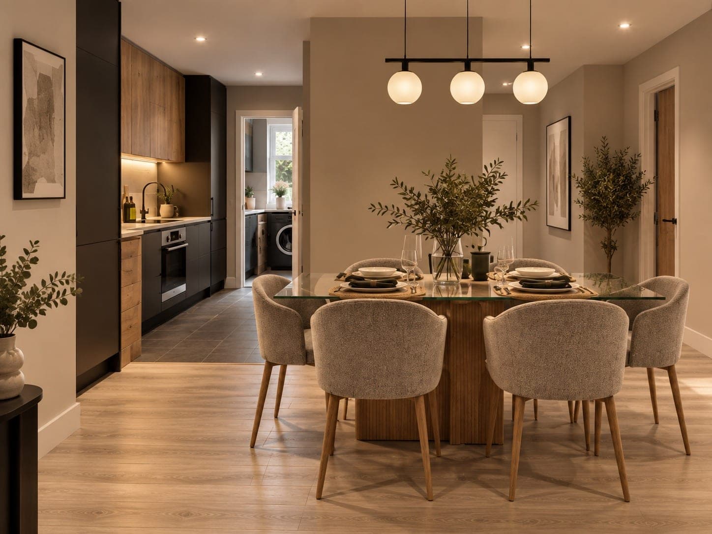 Design visual of a glass-topped dining table with upholstered chairs and pendant lights, with a kitchen behind