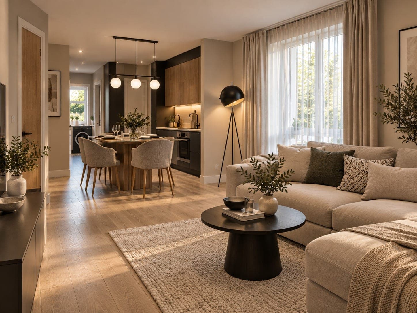 Design visual of an open-plan living room with a corner sofa, dining table and kitchen beyond, lit by low evening sun
