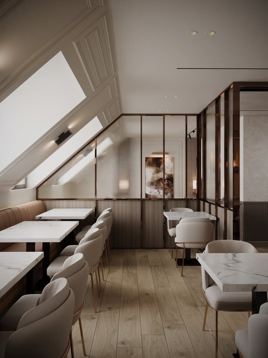 Design visual of the attic dining room under angled skylights, with banquette seating along the wall