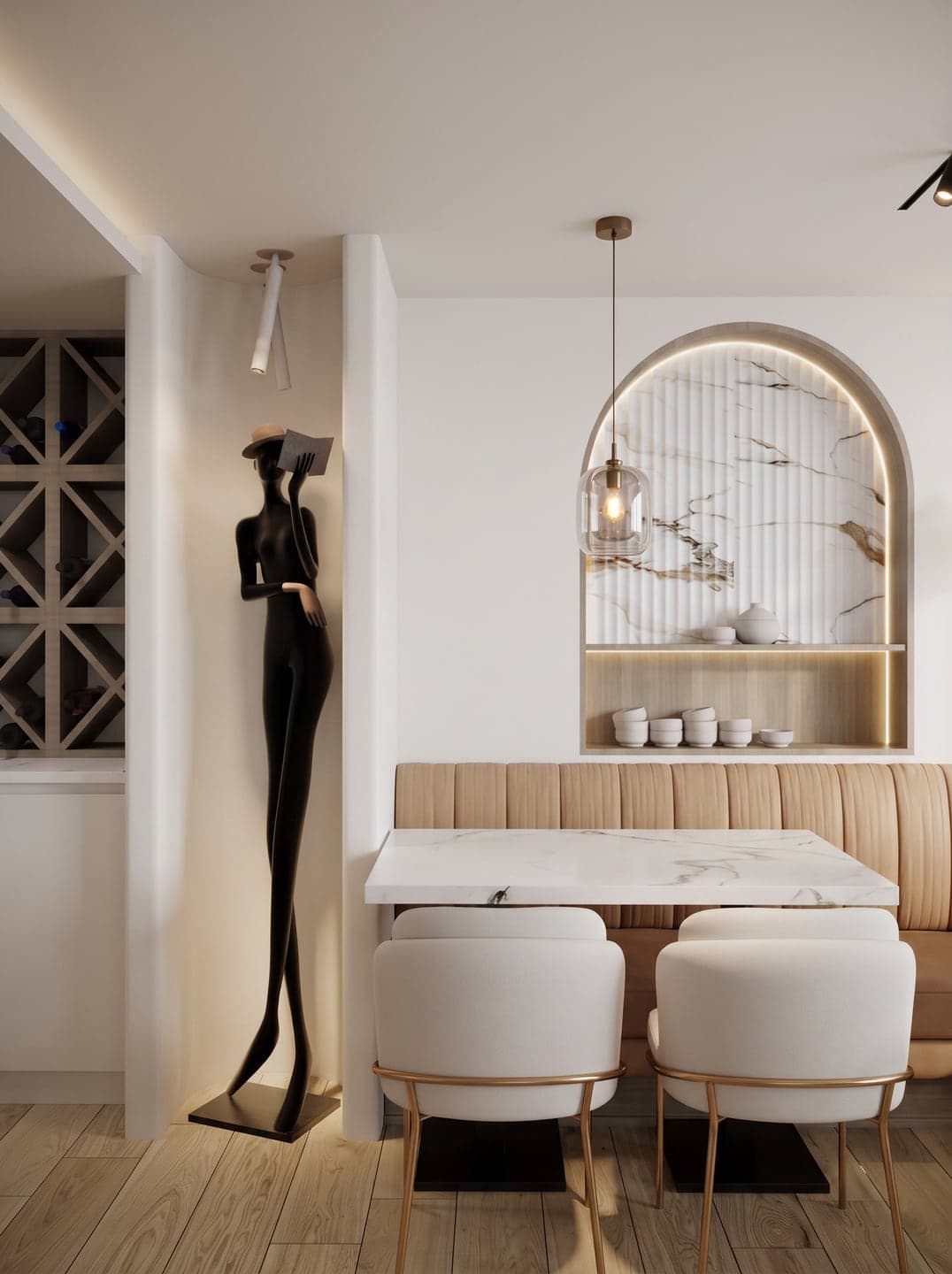 Design visual of a banquette booth under an arched alcove, with a black sculpture beside it