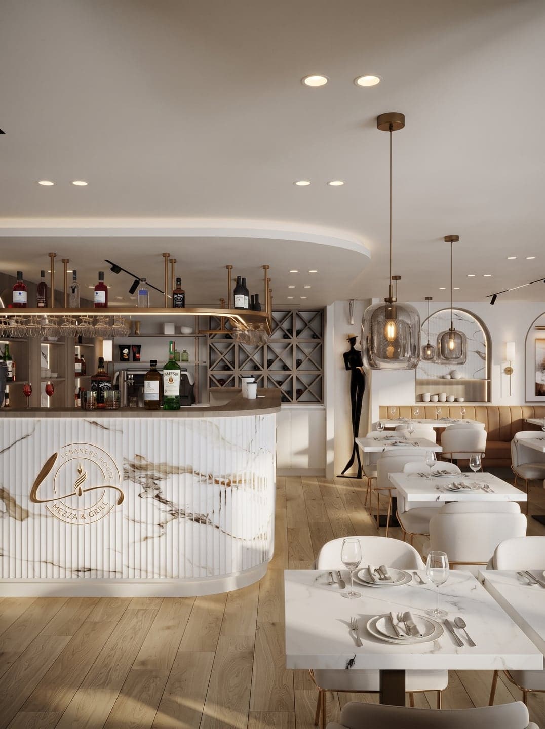 Design visual of a curved marble bar with the Lebanese House logo, a back bar with bottles and pendant lights