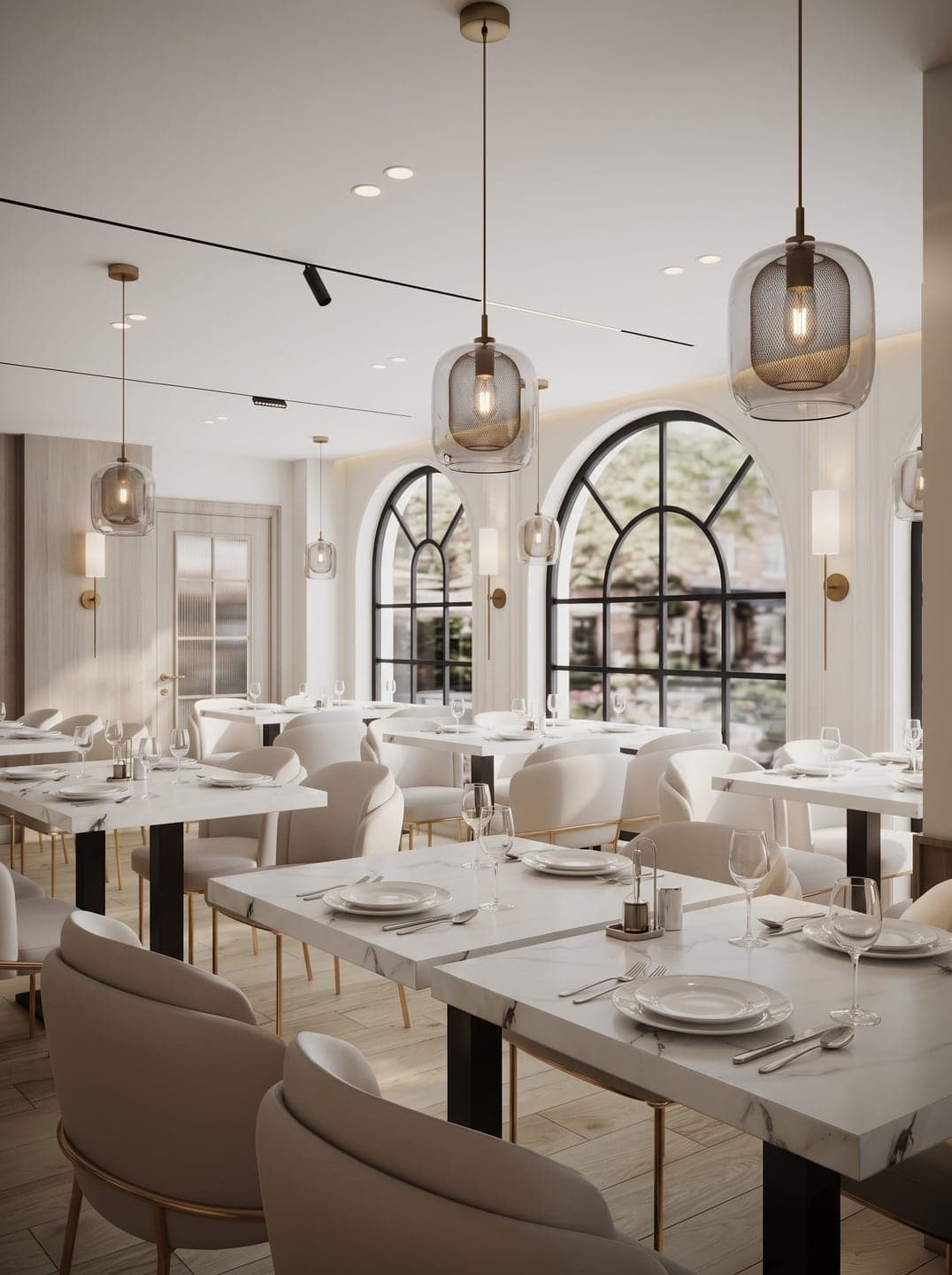 Design visual of the dining room beside large black-framed arched windows, with glass pendant lights over marble tables