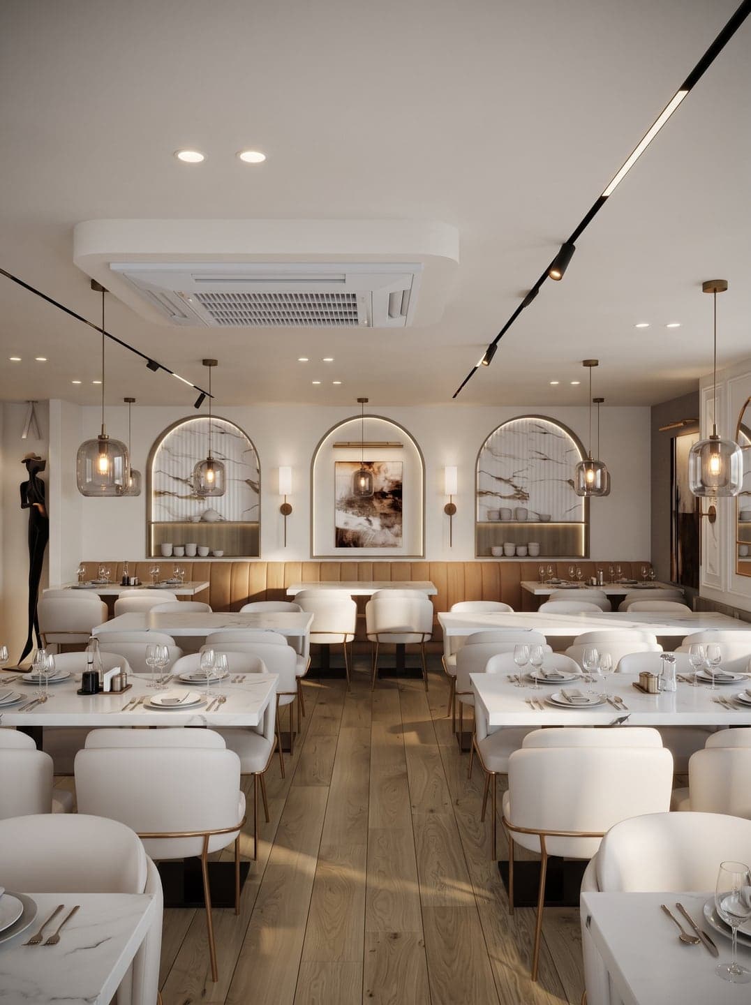 Design visual of the new Lebanese House dining room with arched alcoves, marble-top tables, cream chairs and an oak floor