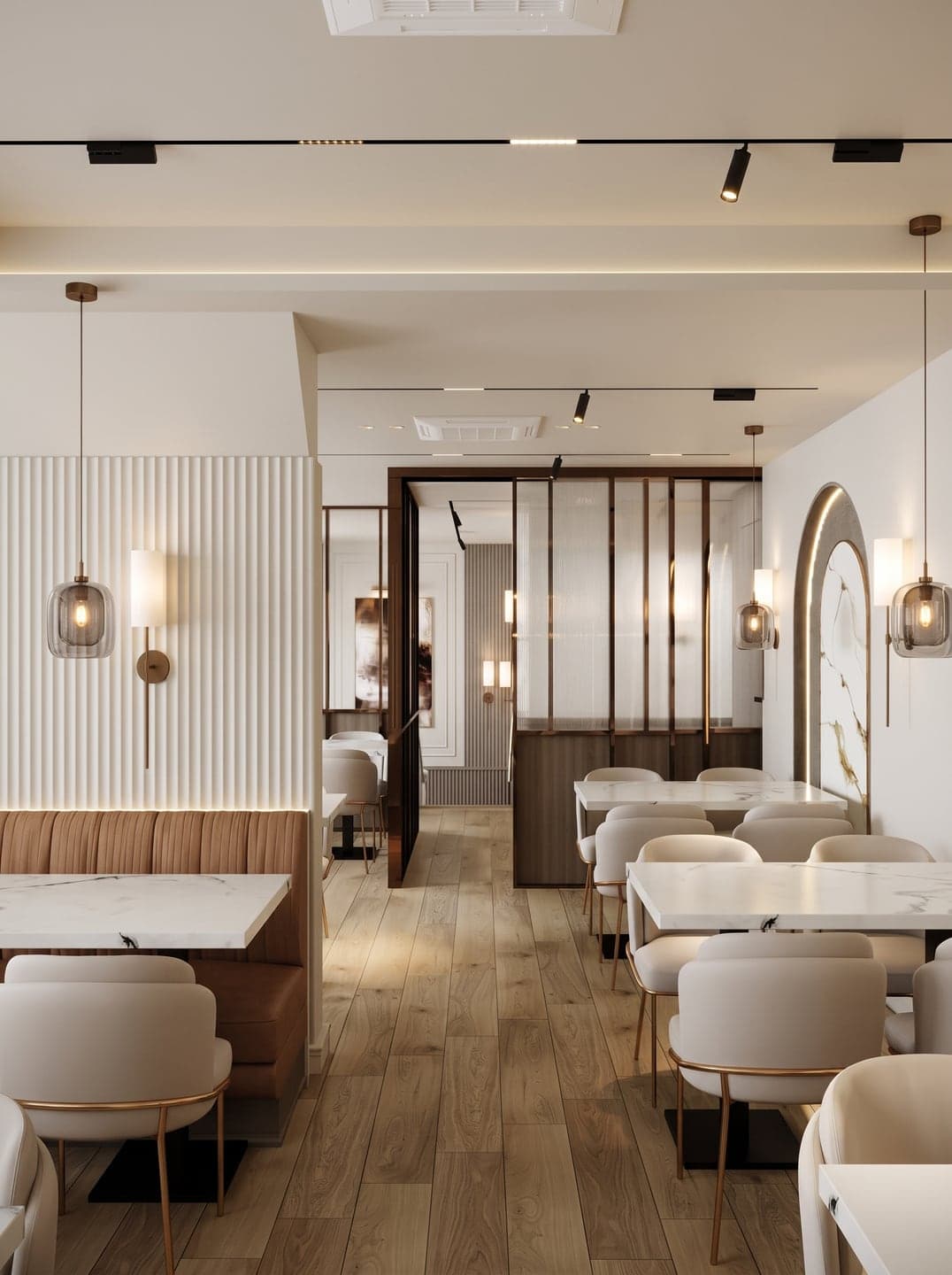 Design visual of the first-floor dining room with a tan banquette and a glazed timber partition