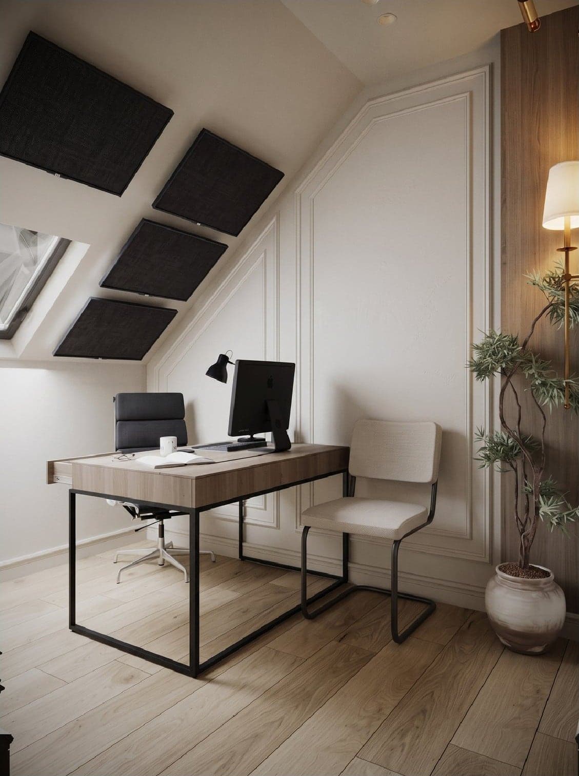 Design visual of the office under the eaves, with a timber desk, a plant and panelled walls