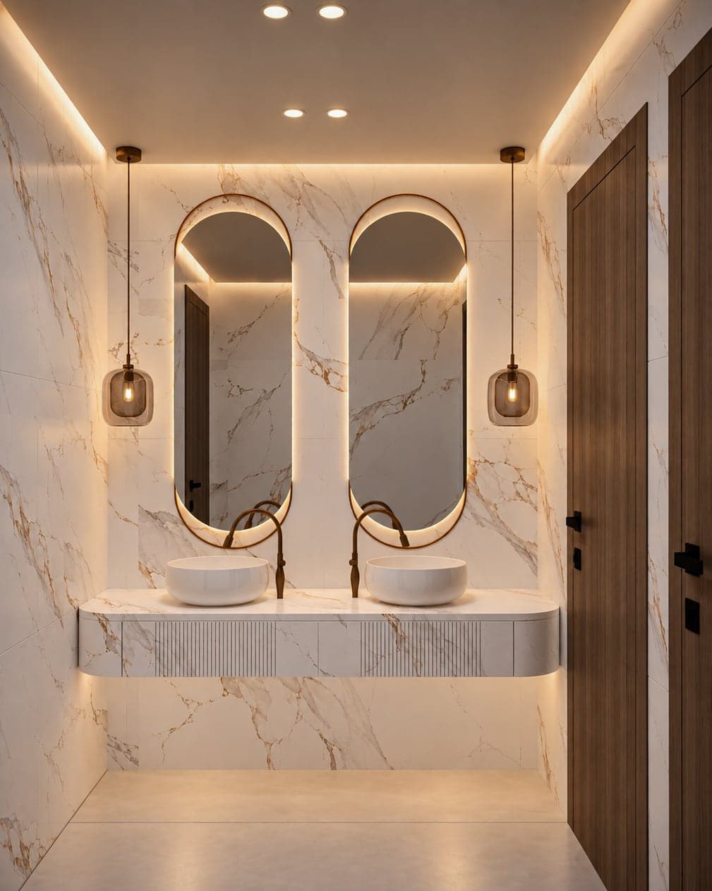 Design visual of a washroom with marble walls, twin oval mirrors and a floating vanity with two basins