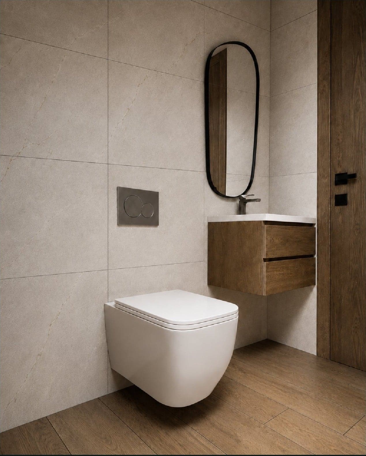 Design visual of a WC with a wall-hung toilet, a floating oak vanity and an oval mirror