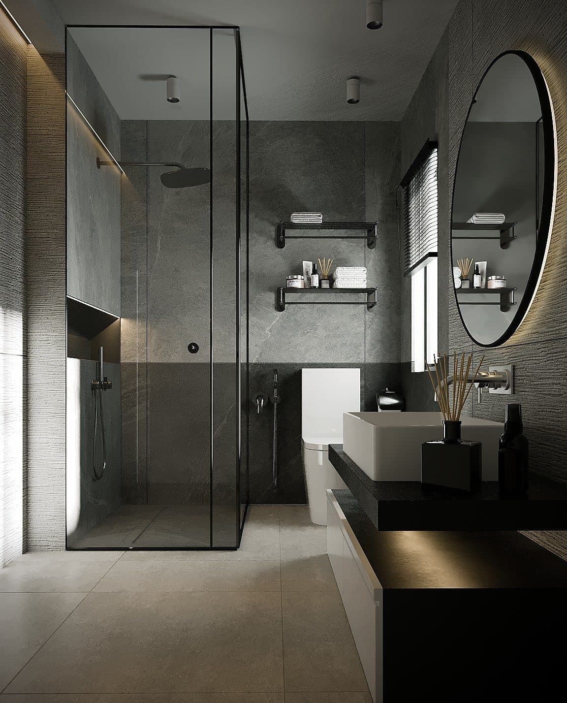 Design visual of a bathroom with a glass shower enclosure, a round mirror and a floating vanity