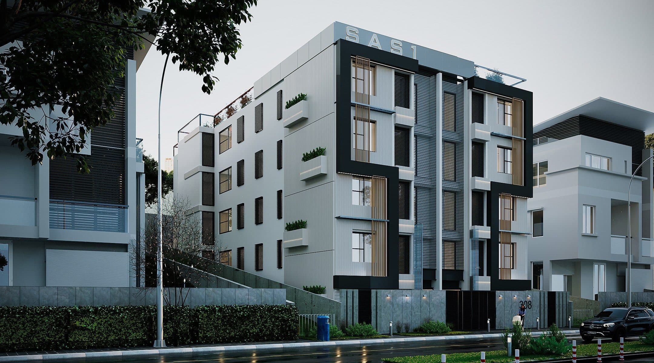 Design visual of a multi-storey residential building with a dark frame, timber screens and planters, seen from the street