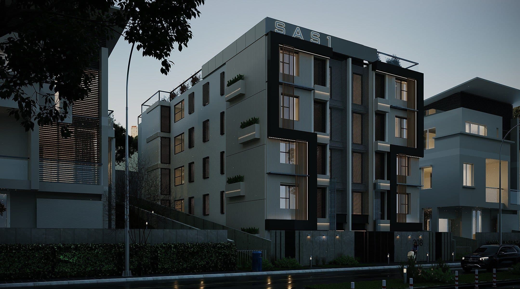 Design visual of the same residential building at dusk with lit windows