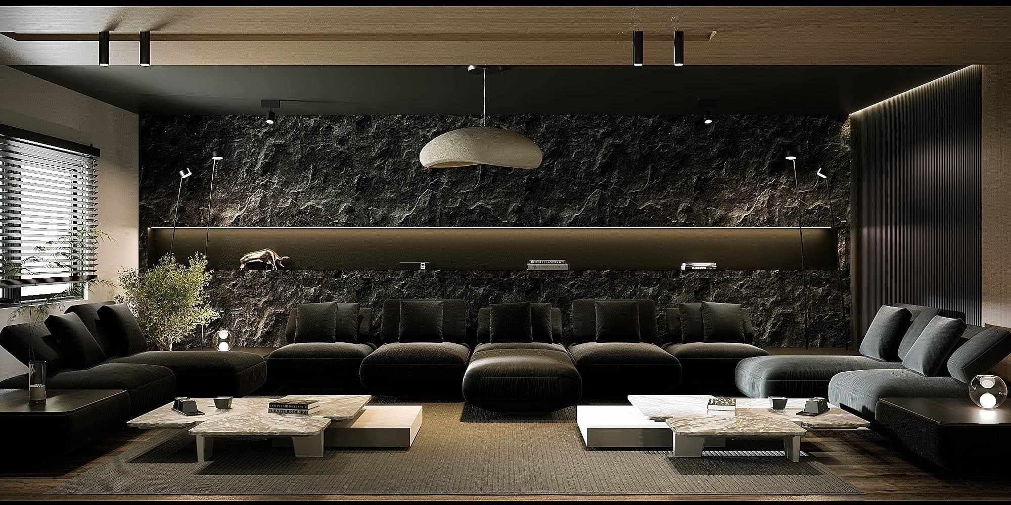 Design visual of a living room with a dark stone feature wall and low modular sofas