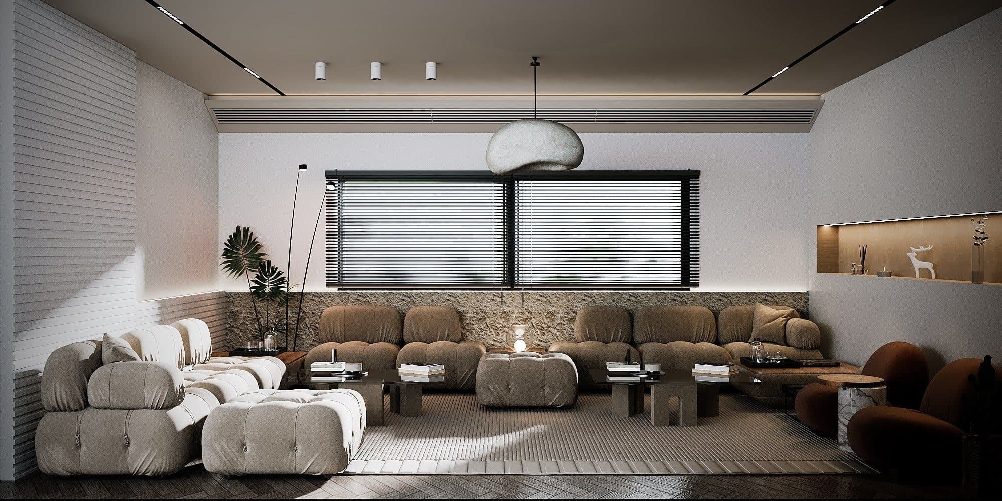 Design visual of a lounge with cream and brown modular seating and a large window